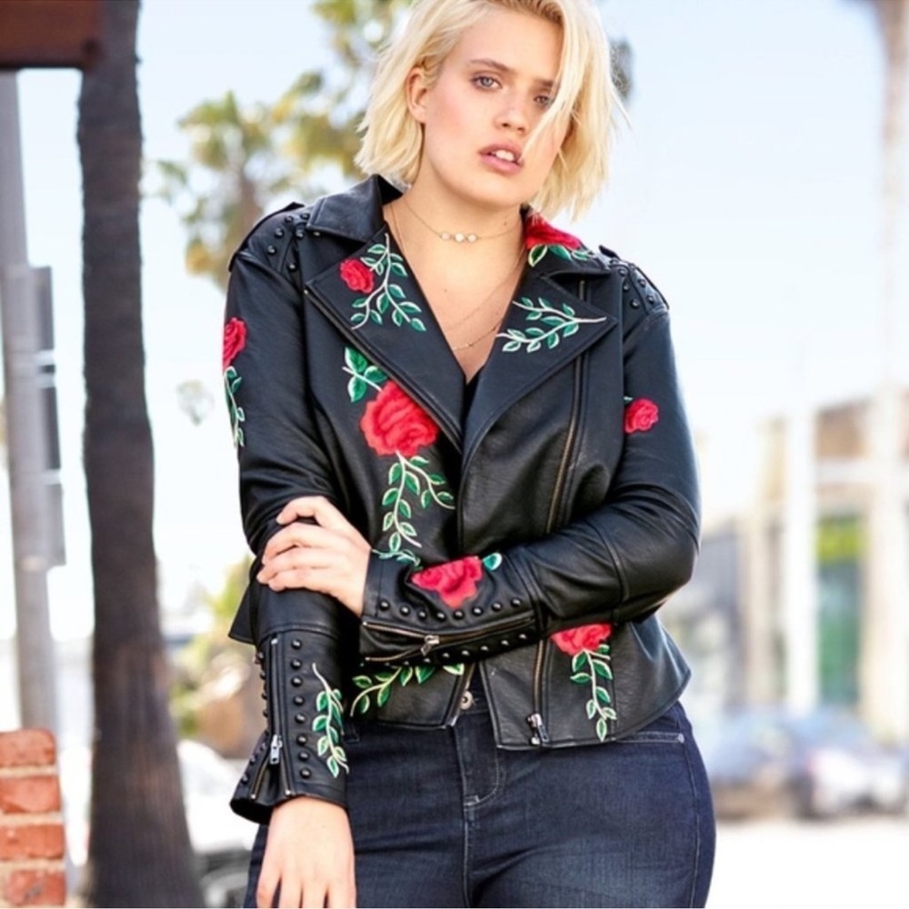 Torrid Black Embroidered Floral Studded Moto Jacket Cropped Size 4x